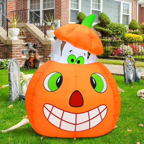 Miniatura 4 de COMIN Inflables de Halloween de 5 pies con fantasmas animados de calabaza para exteriores, decoración de patio inflable con LED integrados