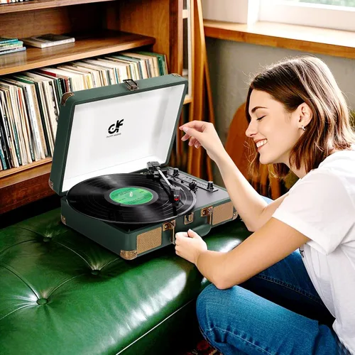 Miniatura 3 de Tocadiscos de vinilo Bluetooth de 3 velocidades portátil tipo maleta con altavoces integrados, grabación USB de vinilo a MP3, RCA, AUX y salida