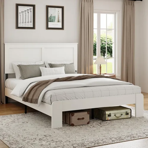 Miniatura 8 de Base de cama completa de madera con cabecera, base de cama de plataforma rústica de granja con soporte de 12 listones de madera, no necesita somier