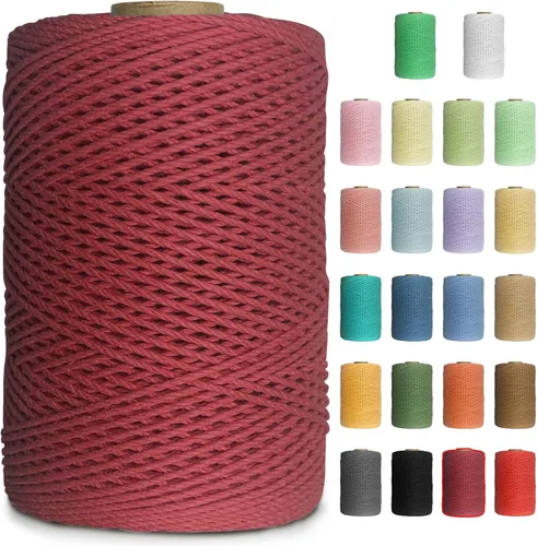 Miniatura 19 de Cuerda de macramé de colores de 0.039 in, cuerda de algodón de 656 pies, 3 hebras trenzadas, cuerda de algodón colorido para manualidades, Amarillo