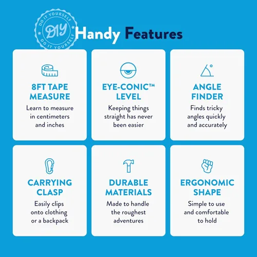 Miniatura 4 de Handy Famm Cinta métrica de pájaro azul de 8 pies para niños, herramienta educativa STEM con nivel, transportador, diseño retráctil, juguete