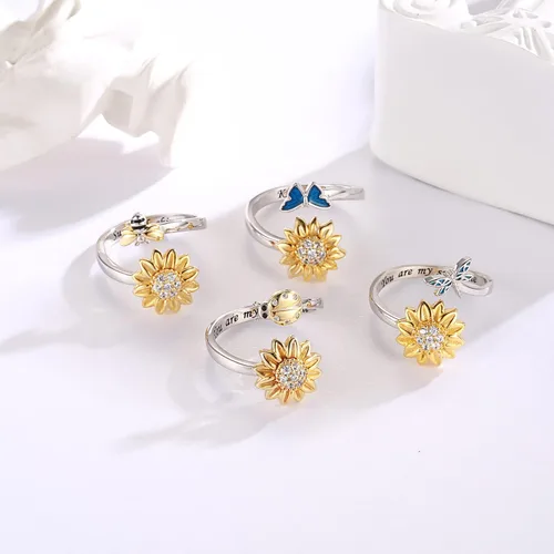 Miniatura 5 de oGoodsunj Anillo antiansiedad de plata esterlina 925 para mujer girasol abeja mariquita mariposa giratorio anillos tranquilos regalos de joyería
