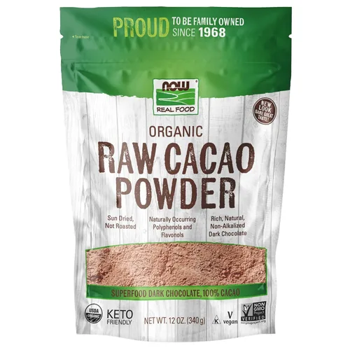 NOW Foods, Cacao en polvo orgánico crudo, con polifenoles y flavonoles, secado al sol, sabor intensamente rico, 12 onzas (el empaque puede variar)
