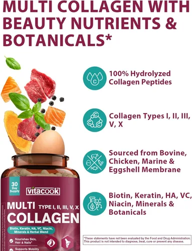 Miniatura 3 de Péptidos de colágeno múltiple para mujeres y hombres, hidrolizados, tipos I, II, III, V, X, biotina, queratina, ácido hialurónico, VC, zinc, selenio