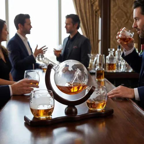 Miniatura 6 de Decantador del mundo grabado con globo de whisky, juego de regalo de whisky The Wine Savant con avión antiguo, piedras de whisky y 2 vasos de mapa
