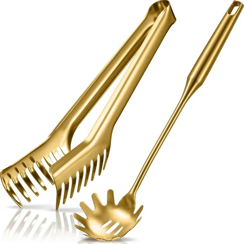 Miniatura 8 de Patelai Juego de cuchara de espagueti y pinzas para pasta, herramientas de servicio de fideos de mango largo con orificios de drenaje, agarre Negro
