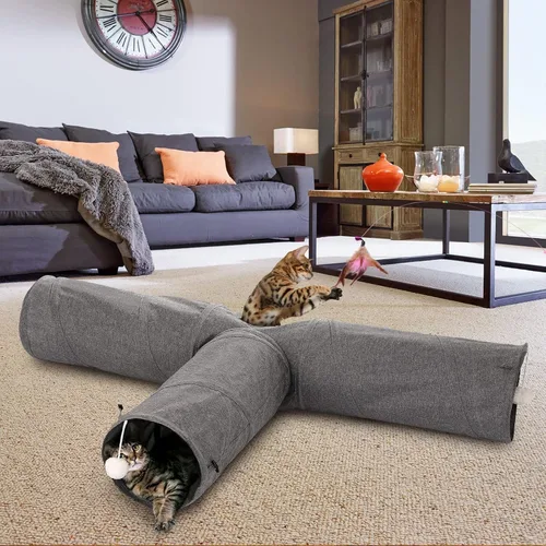 Miniatura 7 de Ownpets Túnel para gatos, túnel plegable de 3 vías, tubo para gatos de 47 pulgadas de largo con bola de felpa y juguete de plumas, túnel de juego