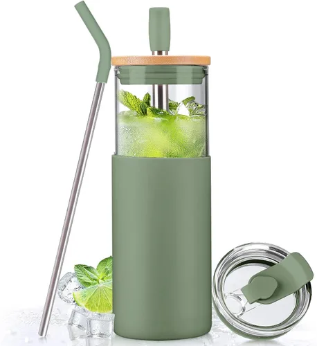 Miniatura 10 de Kodrine Vaso para agua de vidrio de 20 onzas con popote y tapa, botella de agua con tapas de bambú, taza para café helado, reutilizable, boca ancha