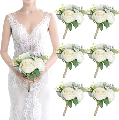 Miniatura 8 de Ramos de dama de honor para boda, juego de 6 ramos de flores artificiales para decoración de otoño, boda, propuesta de matrimonio, fiesta, Naranja