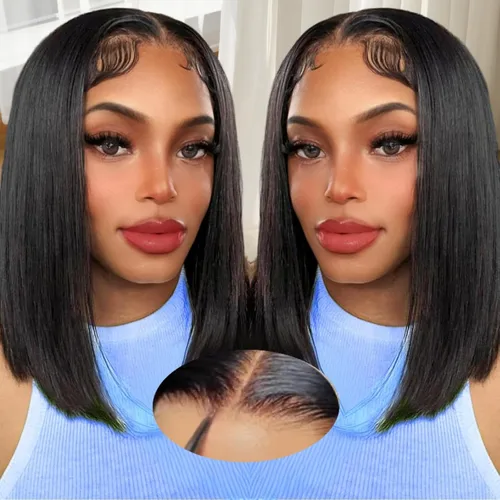Miniatura 26 de Peluca de cabello humano sin pegamento, predepilada, precortada, recta, corta con encaje frontal para mujer, 4x4, cierre de encaje HD, peluca