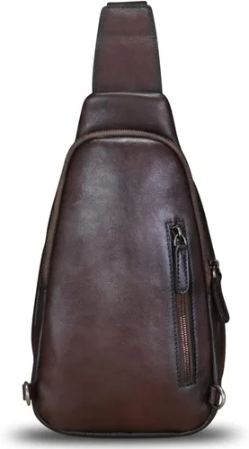 Miniatura 4 de FEIGITOR Bolso bandolera de cuero genuino, mochila cruzada retro hecha a mano, bolsa de pecho para senderismo, ciclismo, riñonera