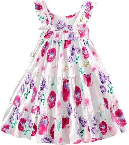 Miniatura 2 de Vestido de verano sin mangas para niñas pequeñas, vestido casual floral para playa, vestido de princesa escalonado con mangas con volantes, 2-8T
