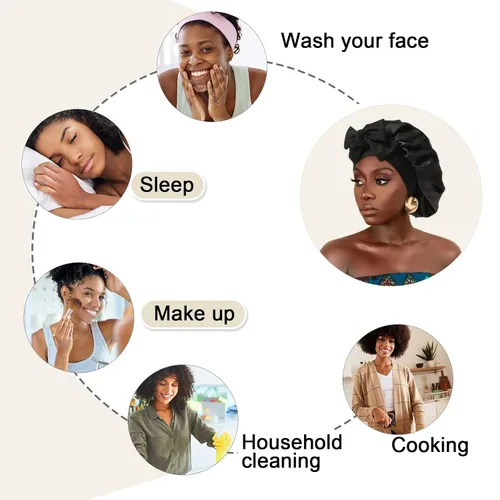 Miniatura 3 de Gorro de satén para mujer, con banda de amarre para el cabello, para dormir, grande de 2 capas, gorro de dormir de seda para dormir con 3 coleteros
