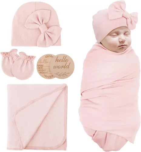 Miniatura 13 de AQOKKA Manta de Recepción para Recién Nacido con Gorro de Lazo Mitones Juego de Tarjetas de Madera para Recién Nacidos Niños Pequeños Bebé Niño Niña