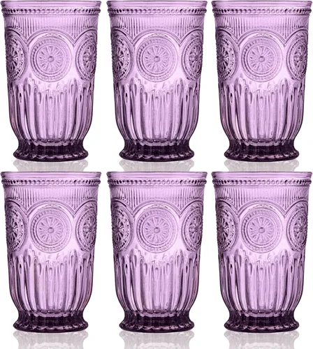 Purple Highball Glasses - Juego de 6 vasos altos con diseño vintage único y un tono púrpura intenso. Cristalería apta para lavavajillas hecha de