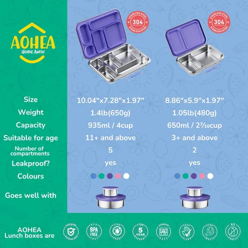 Miniatura 5 de AOHEA Caja Bento de Acero Inoxidable para Niños, Caja de Almuerzo Bento de Metal para Niños Libre de BPA Contenedores de Caja de Almuerzo Acero