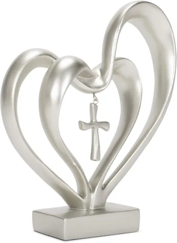Cruz de acabado mate en plata de 13 x 8 pulgadas de Dicksons con corazones en el medio, tope de mesa "El matrimonio necesita de tres" Tono plateado