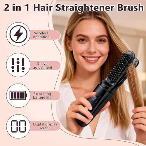 Miniatura 2 de Cepillo alisador de pelo inalámbrico, alisador de pelo portátil de viaje, mini plancha plana recargable 2 en 1 y cepillo alisador de cabello