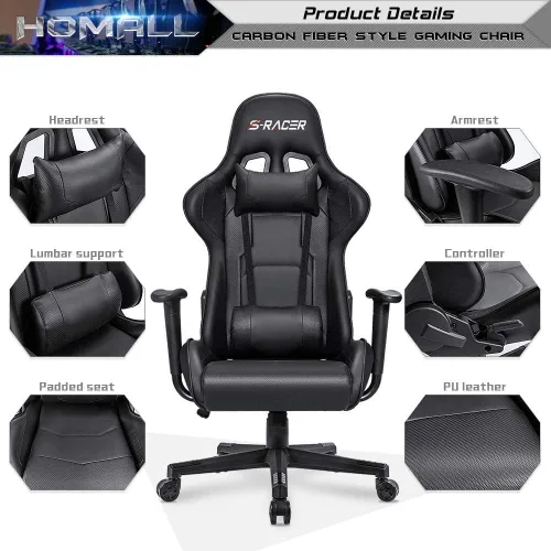 Miniatura 8 de Homall Silla de juegos, silla de oficina con respaldo alto, silla de computadora de cuero, silla de escritorio racing ejecutiva, ergonómica, Negro