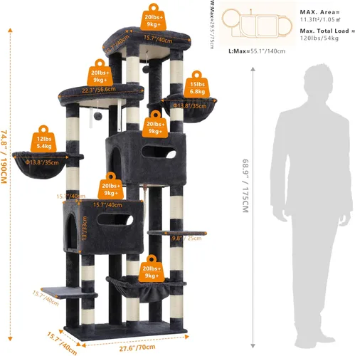 Miniatura 6 de Heybly Árbol para gatos, torre de gato amplia y alta de 74.8 pulgadas para gatos grandes, muebles para gatos con percha superior grande, base