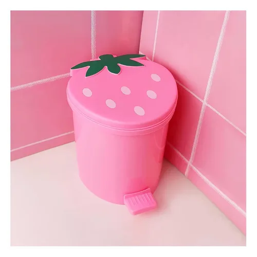 Bote de Basura de Fresa, Bote de Basura de Plástico Lindo de 1 Galón para Escritorio Kawaii Pequeño Bote de Basura de Fresa para Dormitorio con 2
