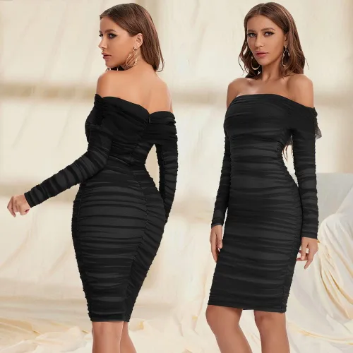 Miniatura 2 de Vestido de vendaje de manga larga fruncido de malla para mujer