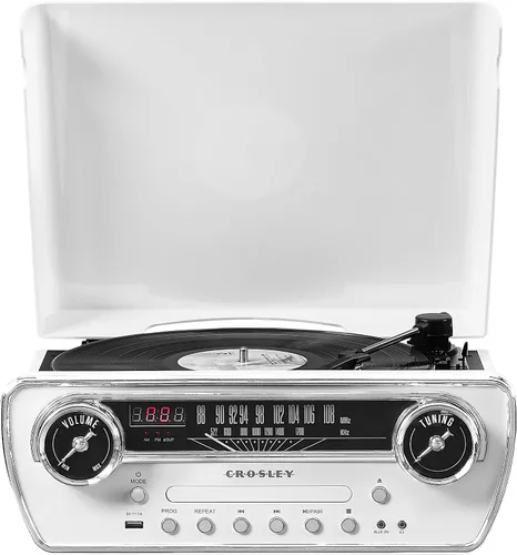 Miniatura 16 de Crosley CR6047A-AB Powel 7-en-1 Tocadiscos Bluetooth con entrada/salida de vinilo, radio AM/FM, reproductor de CD y entrada auxiliar, Azul Aqua