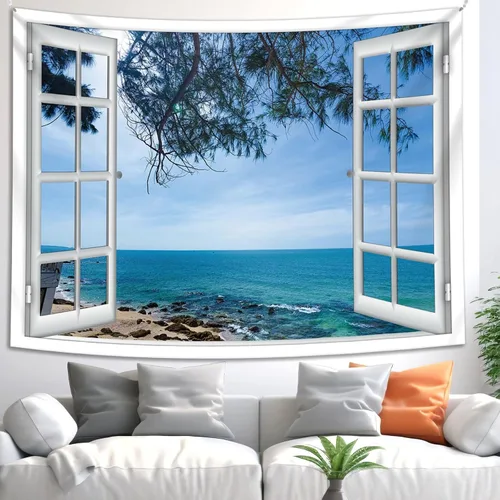 Miniatura 2 de Tapiz azul para ventana de playa y océano para colgar en la pared, árbol costero, paisajes naturales, arte lindo y pequeño tapiz estético