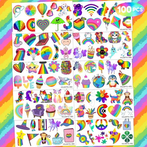 Miniatura 3 de 100 tatuajes temporales coloridos para niños y adultos, calcomanías falsas de neón arco iris, recuerdos de fiesta de cumpleaños