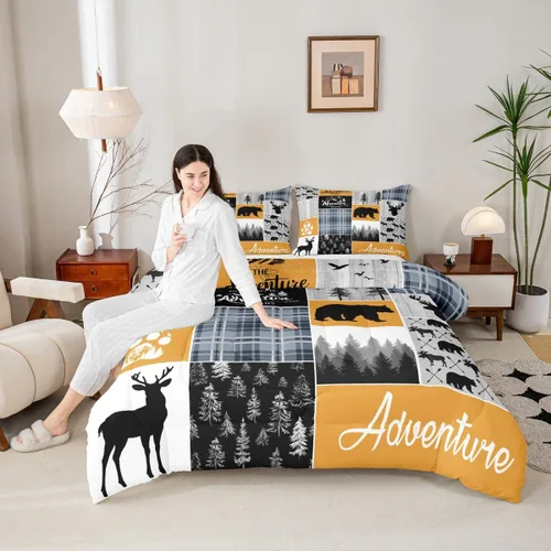 Miniatura 117 de Juego de edredón de oso y ciervo, tamaño individual, ropa de cama de animales salvajes de caza, colcha rústica de cabaña, casa de campo, cuadros