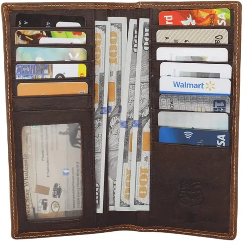 Miniatura 6 de West Star - Billetera para hombre, estilo de chequera, larga, plegable, con o sin pelo de vaca, Café profundo Longhorn 202A, Billetera de cuero
