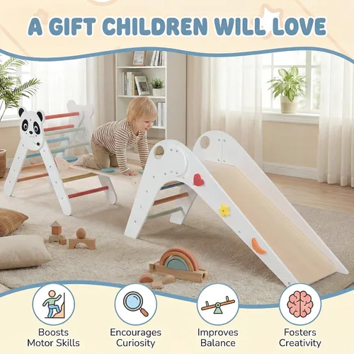Miniatura 8 de GLACER Pikler - Juego de triángulos Montessori con temática de panda, juguetes de escalada para niños pequeños con escalera, túnel, tobogán, rampa