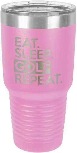 Miniatura 20 de Vaso con tapa superior deslizante y pajita de acero inoxidable para viaje con texto en inglés "EAT SLEEP GOLF REPEAT" de 76 ml en comparación