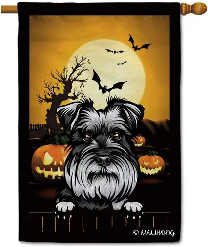Miniatura 16 de Bandera de jardín de calabaza de Feliz Halloween Jack O'Lantern con perro Rhodesian Ridgeback Halloween Bat Boo Bandera decorativa para patio al