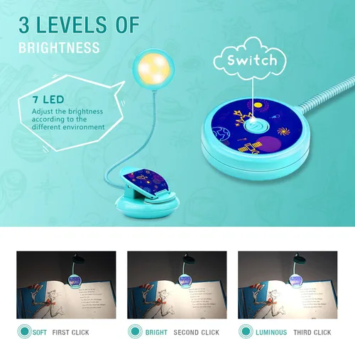 Miniatura 2 de Vekkia Bonita luz de libro recargable, luz de lectura para niños con clip, 3 colores y 3 brillos, peso súper ligero de 1.8 onzas, hasta 40 horas