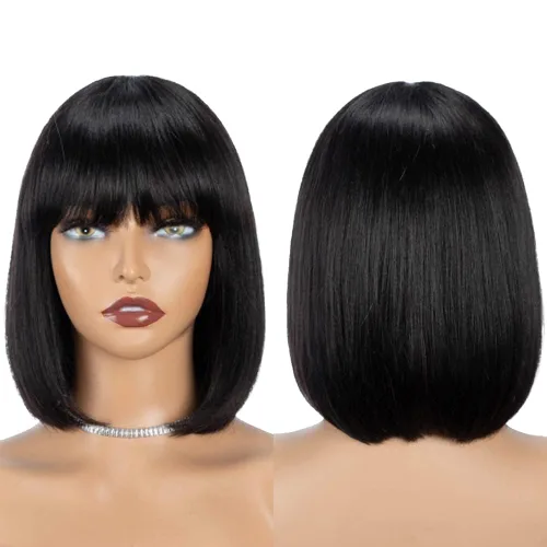 Miniatura 10 de Rebecca Fashion Peluca de cabello humano castaño con flequillo de 10 pulgadas, pelucas de cabello humano lacio Yaki claro para mujeres negras, sin