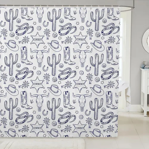 Miniatura 27 de Cortinas de ducha de vaquero occidental, cortinas de baño rústicas para niños, niñas y hombres, cortinas impermeables retro de estilo rústico con 12