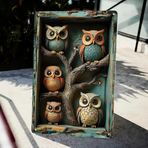 Miniatura 7 de Letrero de lata de búhos con diseño de efecto visual 3D, póster de metal para decoración de pared para el hogar, patio, cocina, restaurante