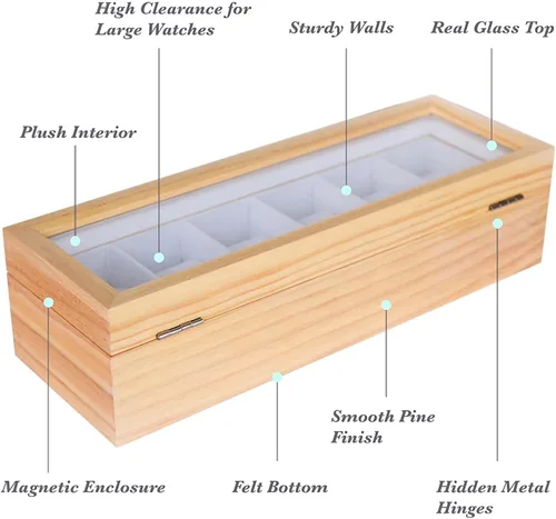 Miniatura 7 de Case Elegance caja organizadora de relojes de madera sólida con visualización superior de vidrio Madera clara