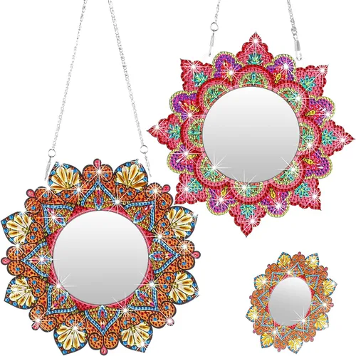 Weysat Paquete de 2 espejos de pintura de diamantes, espejo de pintura de arte de diamante, mandala de cristal de diamantes de imitación para