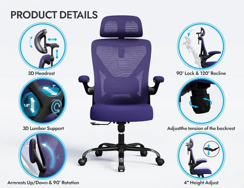 Miniatura 6 de Silla de oficina ergonómica con soporte trasero, silla ergonómica para computadora, sillas de escritorio de oficina en casa, asiento ancho de 330