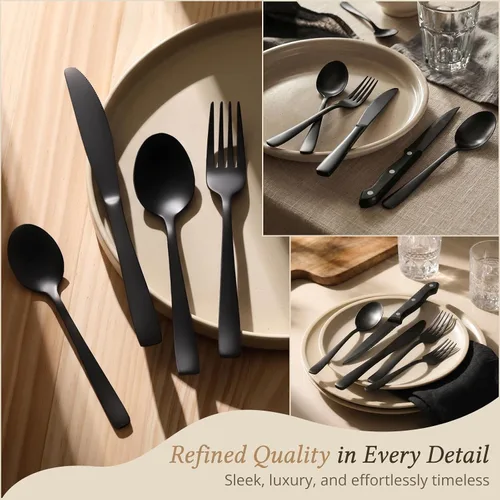 Miniatura 4 de Hiware Juego de cubiertos negros de 48 piezas para cubiertos de acero inoxidable 18/10 con tenedores, cuchillos, cucharas, cuchillos para carne