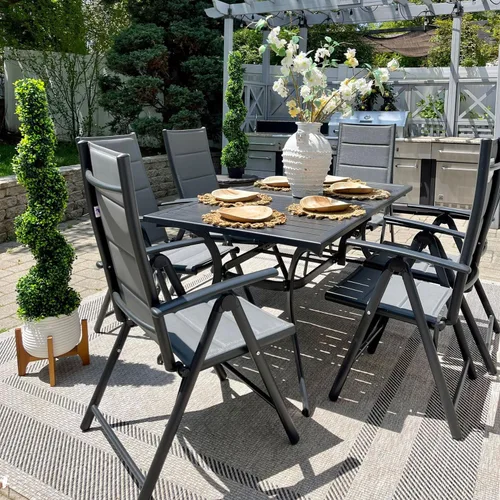 Miniatura 8 de PURPLE LEAF Juego de comedor al aire libre para 6 mesas plegables de patio con mesa rectangular de aluminio y sillas acolchadas para todo