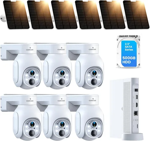 Sistema de cámara de seguridad inalámbrica Camcamp, kit de cámara de seguridad PTZ de 6 cámaras con energía solar, HDD de 500GB, NVR de 4MP, fácil