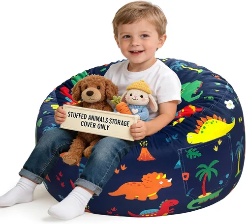 Miniatura 15 de Lukeight - Puf de almacenamiento de animales de peluche para niños, funda para puf de dinosaurio con cremallera para organizar la habitación