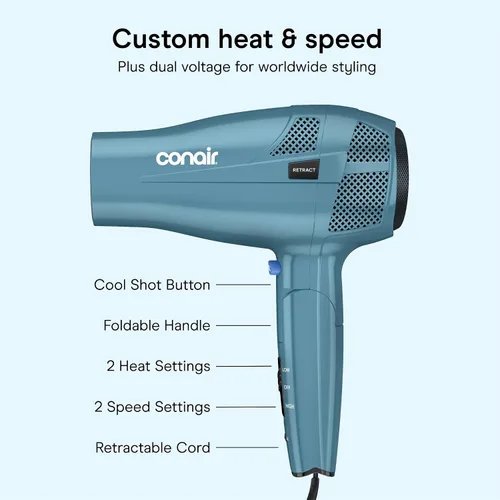 Miniatura 4 de Secador de pelo iónico Conair de 1875 W con mango plegable y guardacables, Azul Cable retráctil con mango plegable de doble voltaje de 1875 W
