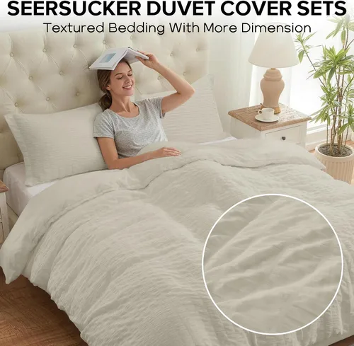 Miniatura 2 de Cozyide Beige Queen Duvet Cover Set, 3 Pieces Soft Seersucker Queen Size Duvet Cover with Zipper Closure and Corner Ties, 90"x90" Duvet Cover with 2
