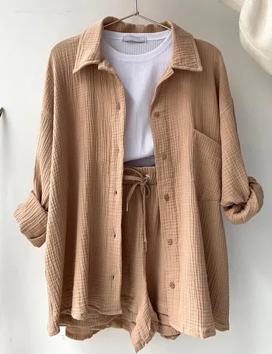 Miniatura 4 de Arssm Conjunto de camisa de manga larga con botones y pantalones cortos para mujer, conjunto de camisa de primavera