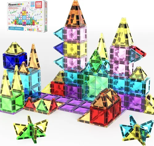Miniatura 11 de PicassoTiles 120 piezas de fichas magnéticas de tamaño mini, juguetes magnéticos de la serie diamante, juego de bloques de construcción sensorial