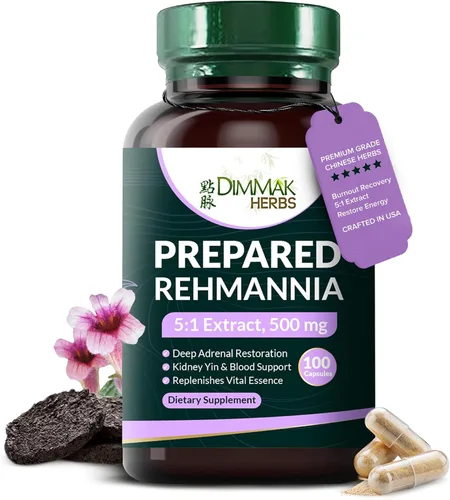 Dimmak Herbs Cápsulas preparadas de raíz de rehmannia (Shu Di Huang) - Extracto orgánico 5:1 - Yin Tónico suprarrenal y renal de alta potencia -